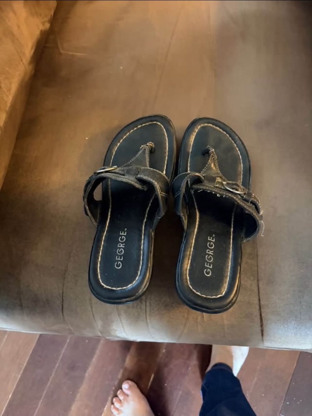 George Black Toe-Loop Wedge Sandals with Buckle Accent